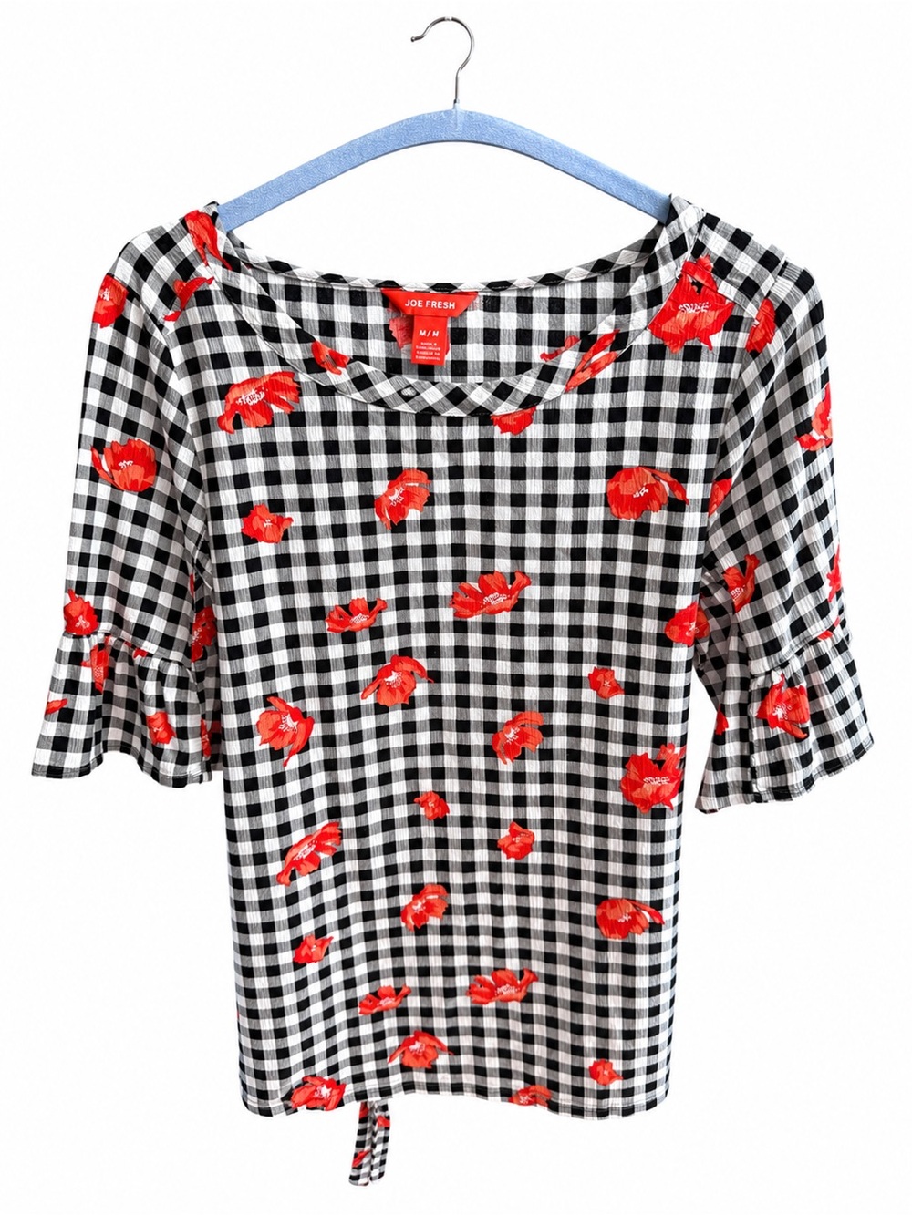 Joe Fresh Black and White Gingham Top with Red Floral Accents